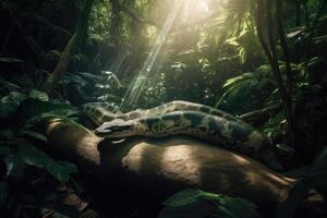 Slithering green anaconda winding its way through a dense jungle with shafts of sunlight piercing through the canopy. photo