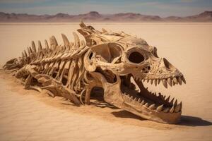 AI Generated Colossal dragon skeleton lay half-buried in the desert sands, a haunting reminder of the power that once ruled the land. photo