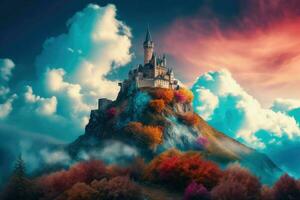 AI Generated Castle perched atop a mountain peak, surrounded by swirling clouds and the promise of adventure. photo