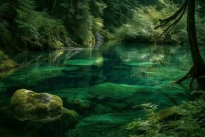 AI Generated Crystal-clear lake at the heart of a lush, verdant forest was said to be a gateway to the realm of the fae. photo