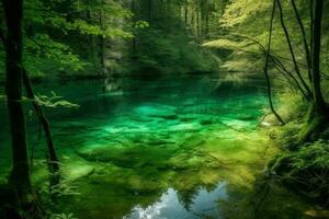 AI Generated Crystal-clear lake at the heart of a lush, verdant forest was said to be a gateway to the realm of the fae. photo