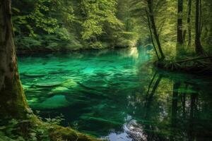 ai generado claro como el cristal lago a el corazón de un lozano, verde bosque estaba dijo a ser un puerta a el reino de el hadas foto