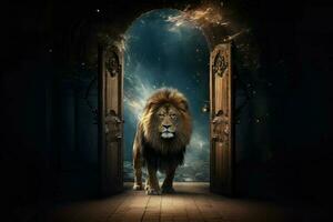 ai generado majestuoso león en un del rey túnica pasos mediante un portal dentro un mágico Reino. foto