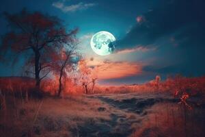 Moon hung low in the sky, casting an ethereal glow over the landscape. photo