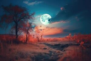 AI Generated Moon hung low in the sky, casting an ethereal glow over the landscape. photo