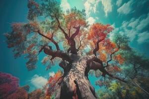 ai generado masivo vivo árbol elevado terminado el rodeando paisaje, sus ramas alcanzando hacia el cielo como Si a toque el Cielos. foto