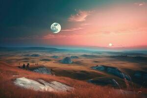 AI Generated Moon hung low in the sky, casting an ethereal glow over the landscape. photo