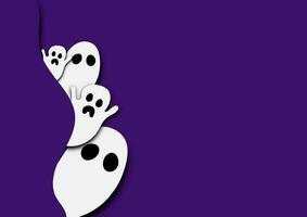 Happy Halloween concept. Cute white ghost characters on purple background for cards, banners, and web. Spooky expression. Papercut art. vector