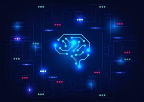 Creative and idea concept. Circuit brain with light rays on blue background. Artificial intelligence. Mechanism teamwork engineer. vector