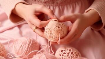 Female hands, knitting for a newborn, crochet.booties, top view on a soft pink blue beige background,tenderness,knitting needles,wool,lace ribbon.AI generated.artificial intelligence photo