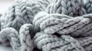 knitting by hands, on a soft gray background, tenderness, thick thread, in a modern style.AI generated photo