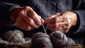 knitting by hands, on a soft gray background, tenderness, thick thread, in a modern style.AI generated photo