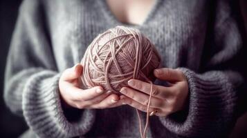 knitting by hands, on a soft gray background, tenderness, thick thread, in vintage style.AI generated photo