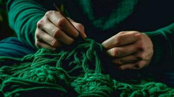 men's knitting by hands, on a dark green background, tenderness, thick thread, in a modern style.AI generated photo