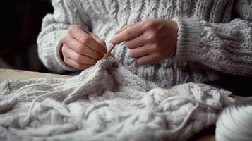 men's knitting by hands, on a soft gray background, tenderness, thick thread, in a modern style.AI generated photo