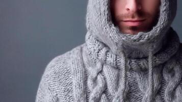 A man in a knitted sweater on a soft gray background. Knitting and crocheting. Needlework. photo