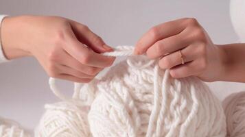 Women's hands BEAUTIFUL close-up, knitting for a newborn, crochet. top view on soft creamy white background.AI generated photo