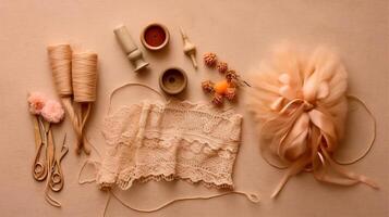 knitting for a newborn, crochet.booties, dress top view on a soft beige background,tenderness,knitting needles,baby legs,lace ribbon and feathers in vintage style,AI generated photo