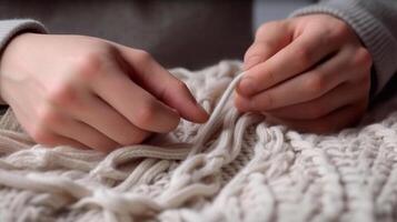 men's knitting by hands, on a soft gray background, tenderness, thick thread, in a modern style.AI generated photo