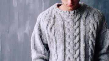 A man in a knitted sweater on a soft gray background. Knitting and crocheting. Needlework.AI generated photo