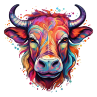 Bright watercolor buffalo with streaks and splashes. AI generated. Bull print on T-shirt. Neon colors.Cow head png