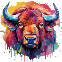 Bright watercolor buffalo with streaks and splashes. AI generated. Bull print on T-shirt. Neon colors.Cow head png