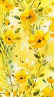 Abstract watercolor flowers pattern. Vertical yellow background for stories, yellow phone screensaver, tropical, jingle.AI generation photo