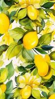 Abstract watercolor lemons pattern. Vertical yellow background for stories, yellow phone screensaver, tropical, jingle.AI generation photo