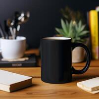 Black ceramic cup on the table mockup empty. photo