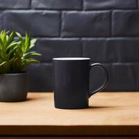 Black ceramic cup on the table mockup empty. photo