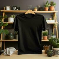 Generative AI.Empty black t-shirt mockup on a hanger in the room, front view. photo