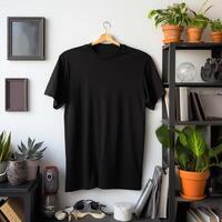 generativo ai.vacío negro camiseta Bosquejo en un percha en el habitación, frente vista. foto