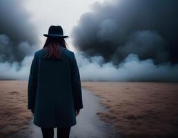 A woman wearing a hat and a coat standing with her back to the viewer and facing massive smoke in an open field, photo