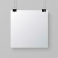 White blank square paper poster on the light grey background, vector mockup illustration