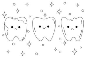 linda dientes caracteres con emoción. sonriente, triste diente y destellos el concepto de cepillado dientes. niño personaje para odontología. vector ilustración en dibujos animados garabatear estilo.