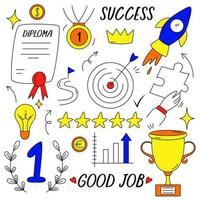 Hand draw doodles illustration set in concept of brain, thinking, business solution, method, strategy, object, opportunity, success, idea. Sketching or drawing style. Vector cartoon illustration.