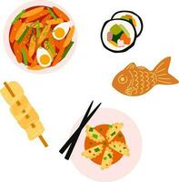 Set korean foods. Tteokbokki, gimbap, kkochi eamuk, bungeoppang and mandu. Asian cuisine dishes. Suitable for menus in restaurants and cafes. Vector flat cartoon illustration.