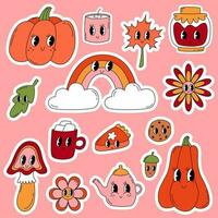 Set autumn groovy stickers. Fall elements in 70s-80s style. Pumpkins, flowers, mushroom, rainbow, pumpkin pie, cocoa mug, cookies, leaf, teapot, jam and candle. Vector cartoon illustration for print.