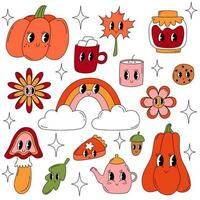 Set autumn retro groovy elements 70s-80s style. Pumpkins, flowers, mushroom, rainbow, pumpkin pie, cocoa mug, cookies, leaf, teapot, jam and candle. Fall vibes decorative vector cartoon symbols.