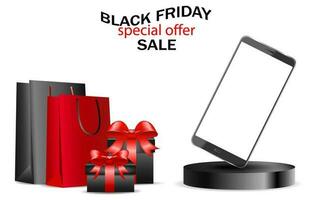 The concept of online shopping on black friday and cyber monday, online orders of goods and gifts from online stores. smartphone with an open page of the online store, advertising banner, e-commerce vector