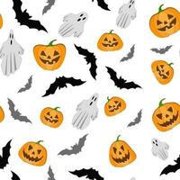 Vector seamless pattern for Halloween. Pumpkin, ghost, bat items on Halloween theme. Bright cartoon pattern for Halloween