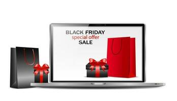 The concept of online shopping on black friday and cyber monday, online orders of goods and gifts from online stores. Laptop with an open page of the online store, advertising banner, e-commerce vector