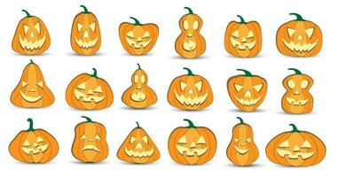 Halloween pumpkin lantern vector 18 icons set, Emotion Variation. Simple flat style design elements. Set of silhouette spooky horror images of pumpkins. Scary Jack-o-lantern facial expressions.