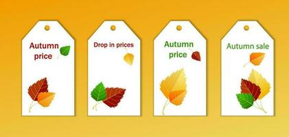 Set of tags for shops and supermarkets, for goods, the concept of autumn discounts, price fall, autumn leaf fall. Set of sale tags and labels, template shopping labels. Price tags on paper. vector