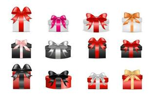Set of colored different gift cardboard boxes with bows and ribbons. For valentine's day, birthday, march 8, christmas and new year, for cards and black friday sales, for your design vector