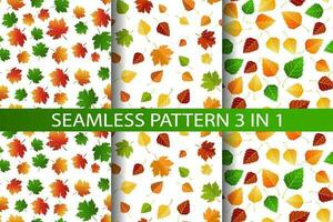 Multicolored autumn seamless pattern set 3 in 1 of autumn birch and maple leaves on a white or transparent background vector