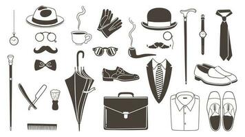 Men s collection in retro style. Gentleman s accessory set. Vector graphics