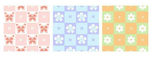 Set of cute checkered seamless patterns with flowers and butterflies in pastel colors. Vector graphics.