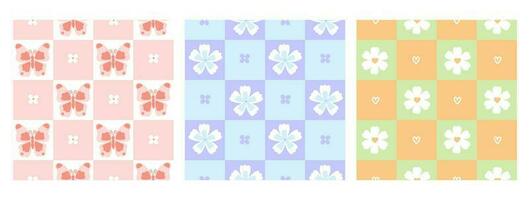 Set of cute checkered seamless patterns with flowers and butterflies in pastel colors. Vector graphics.