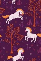 Seamless pattern with unicorns in a magical forest. Vector graphics.